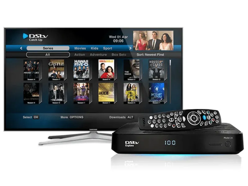 Television showing the DStv interface connected to an Explora decoder