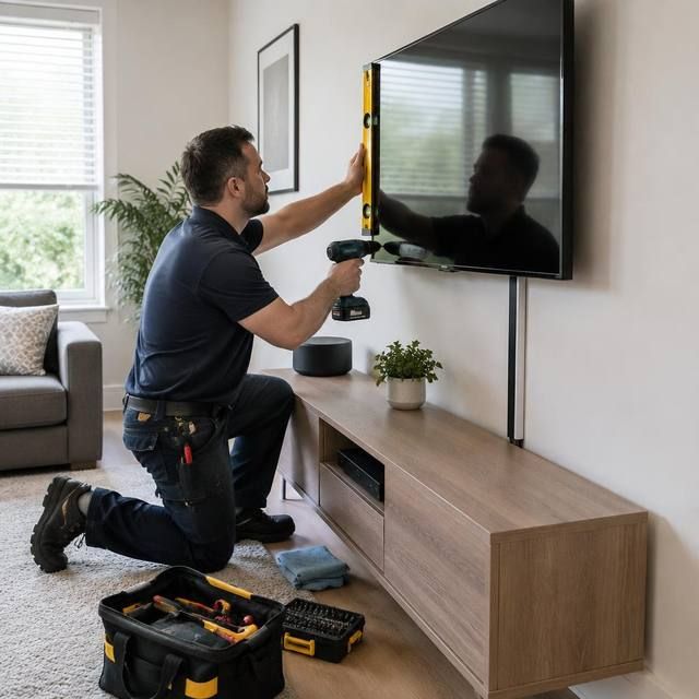 Technician mounting a television on a wall