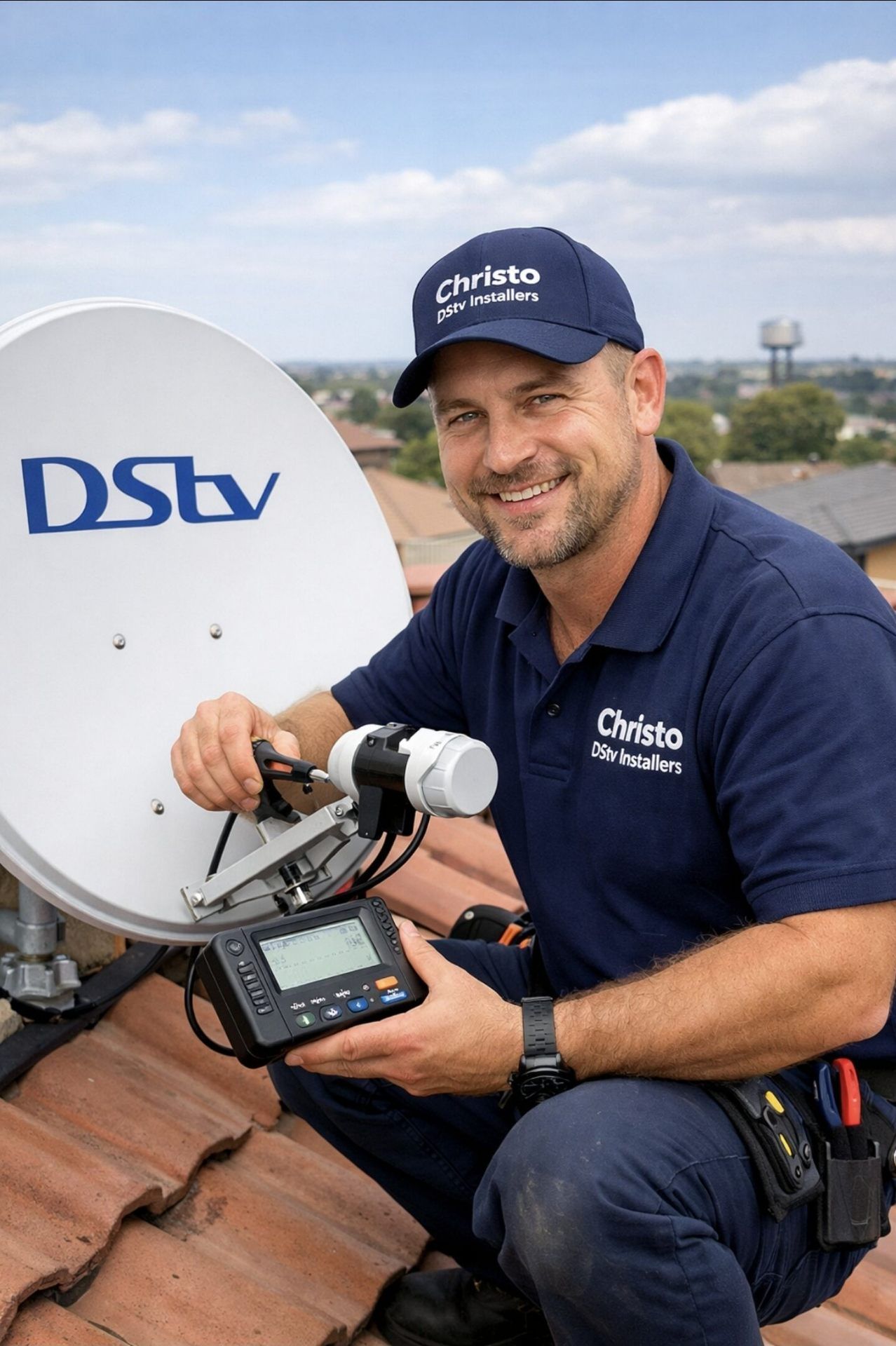 Christo DStv installer aligning a satellite dish with a signal meter