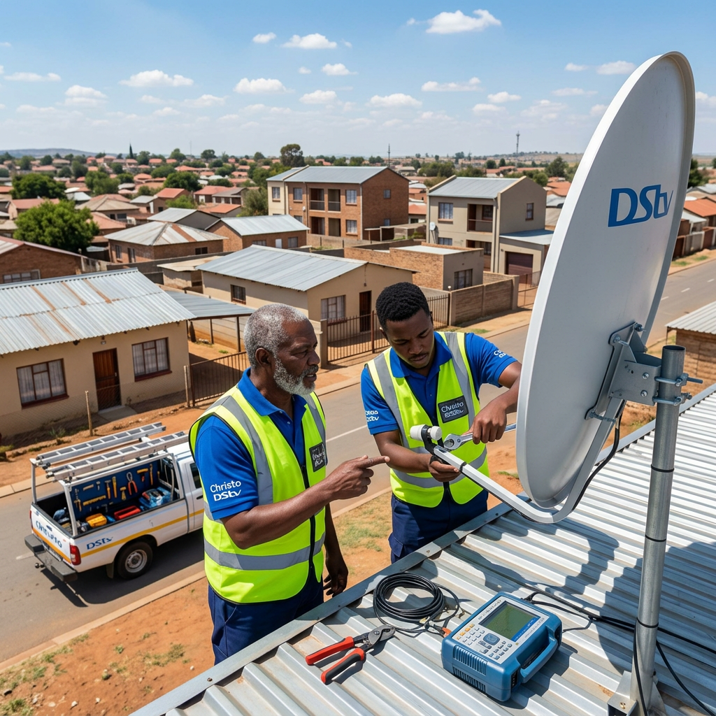 Christo DStv installers repairing satellite dish in Elsburg